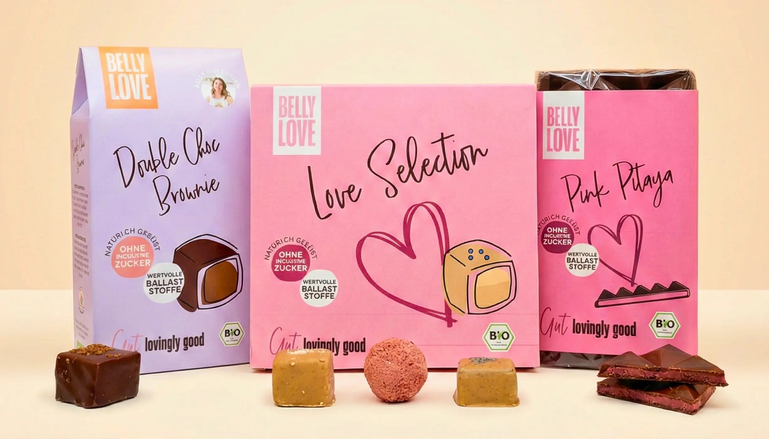 Valentinstags-Geschenkideen mit veganen Pralinen und Schokolade von Belly Love – liebevolle Aufmerksamkeit ohne Industriezucker, nachhaltig und von Herzen.