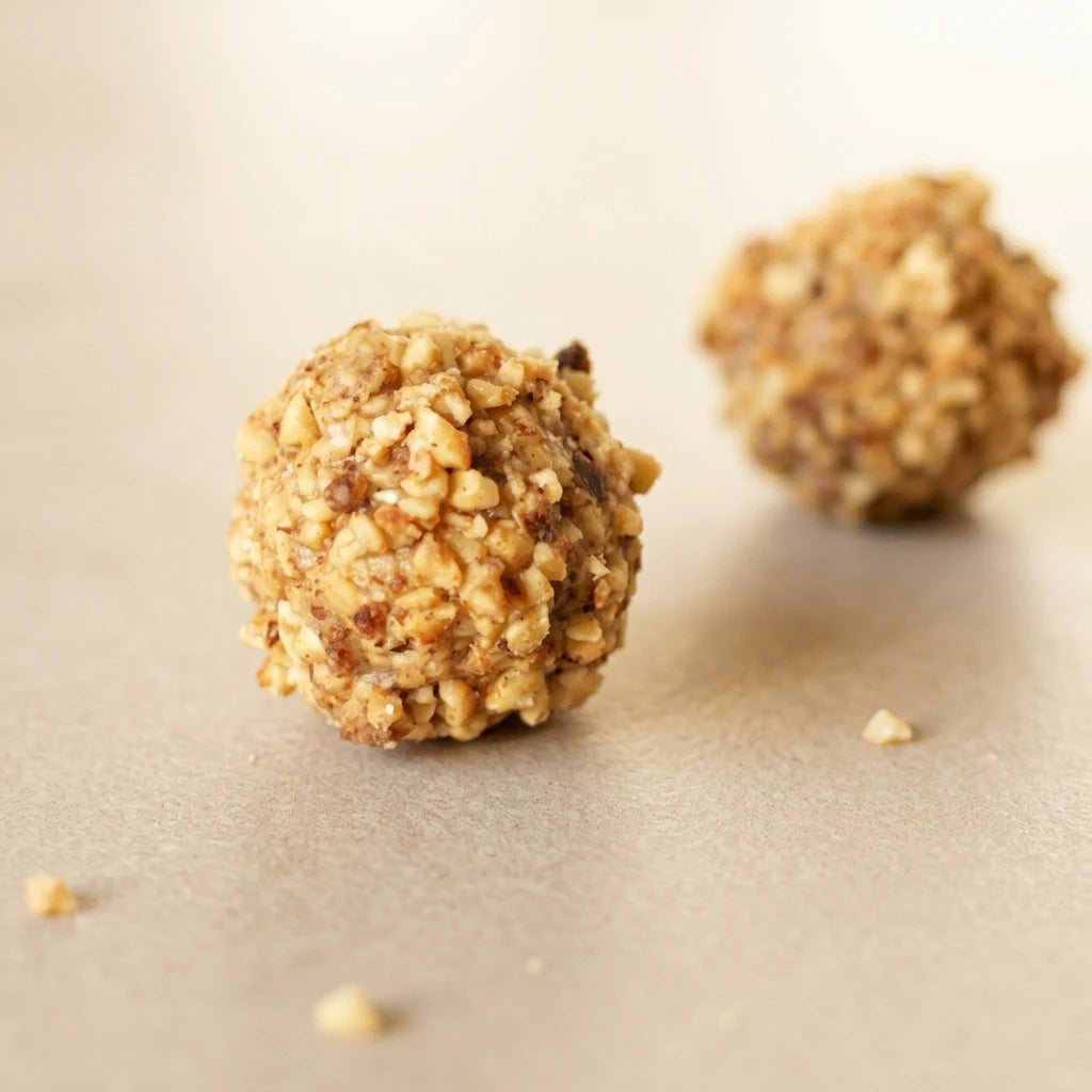 Belly Love Haselnuss Belly Balls Close-up – goldene crunchy Kugeln mit grob gehackten Haselnüssen, bio und industriezuckerfrei