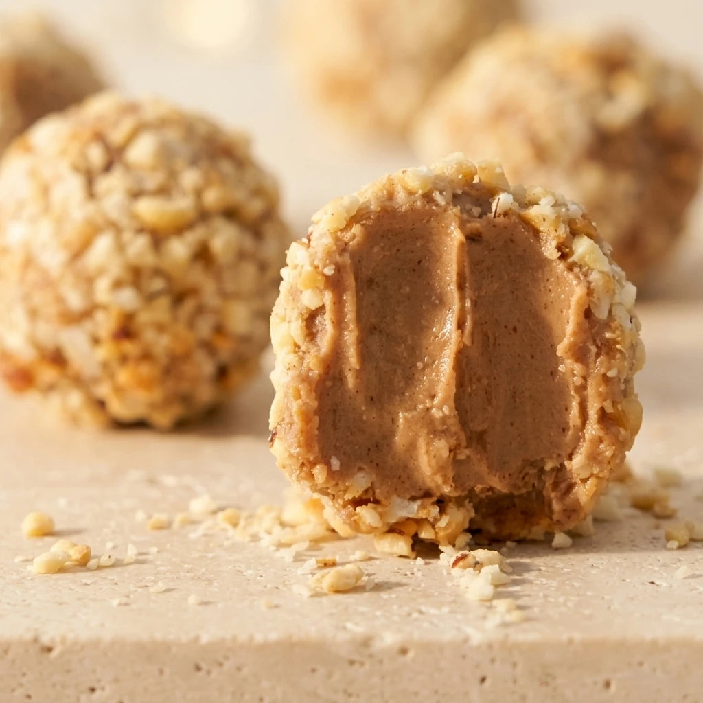 Belly Love Haselnuss Belly Ball angeschnitten – cremiges Haselnuss-Innenleben sichtbar, bio-zertifiziert, ohne Industriezucker