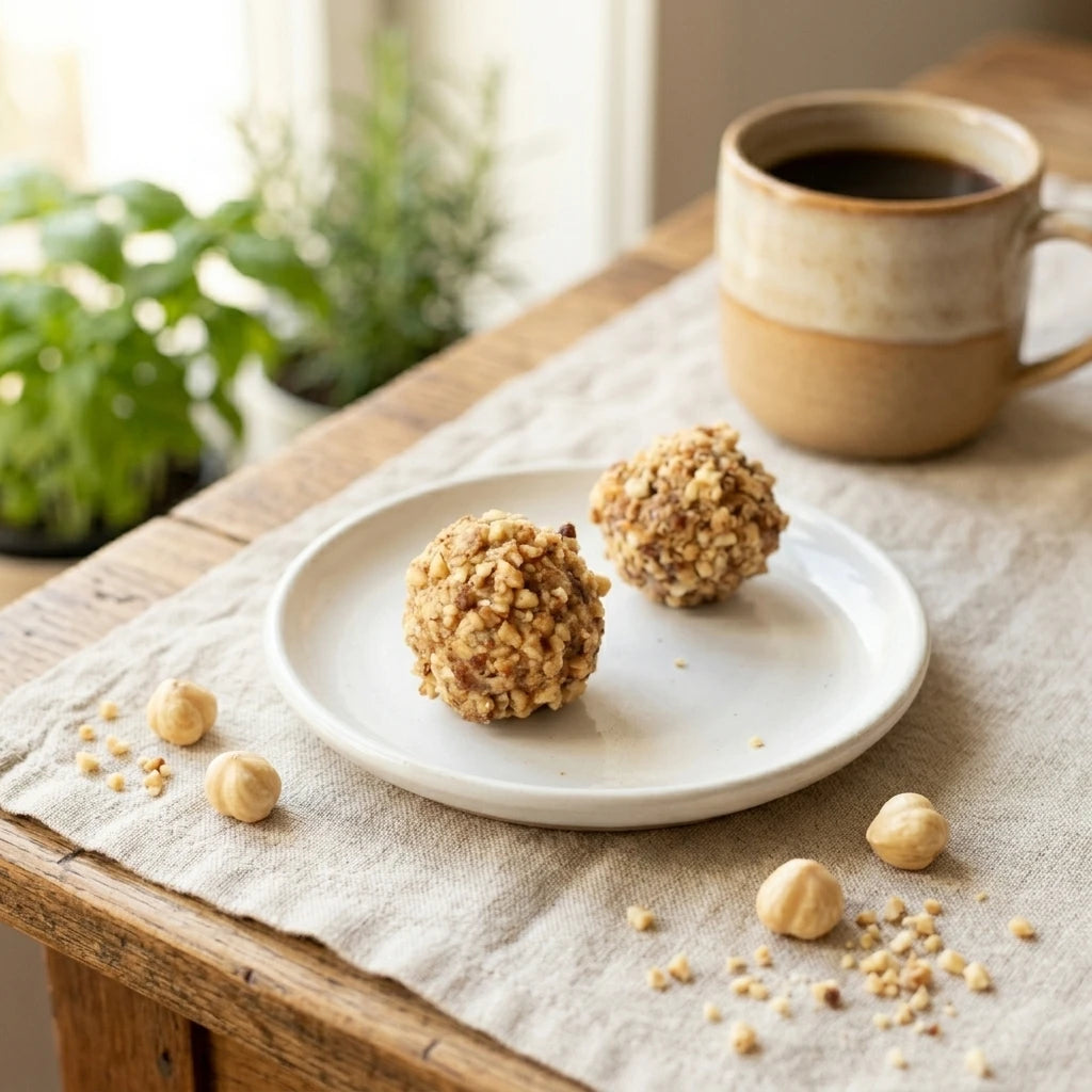 Belly Love Haselnuss Belly Balls auf Teller – cremiger Bio-Snack für zuhause, crunchy Haselnuss-Kugeln mit natürlichen Zutaten