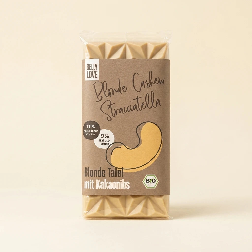 Belly Love Blonde Cashew Stracciatella – Kraft-Verpackung, bio-zertifiziert, 11% natürlicher Zucker, 9% Ballaststoffe, Blonde Tafel mit Kakaonibs