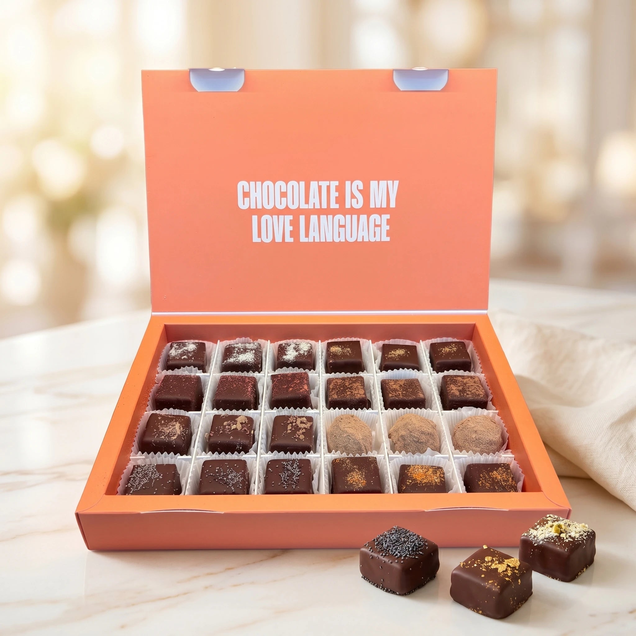Belly Love Pralinenschachtel offen – CHOCOLATE IS MY LOVE LANGUAGE, bio, industriezuckerfrei