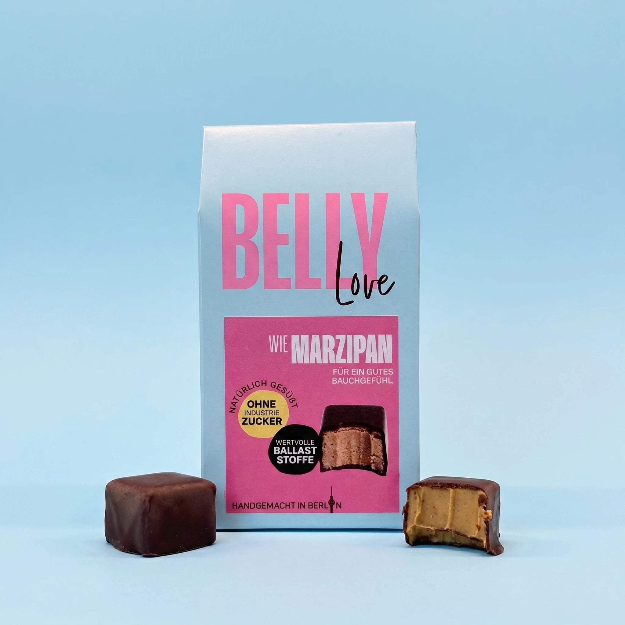 Belly Love Wie Marzipan – Verpackung mit 3 Marzipan-Pralinés, industriezuckerfrei