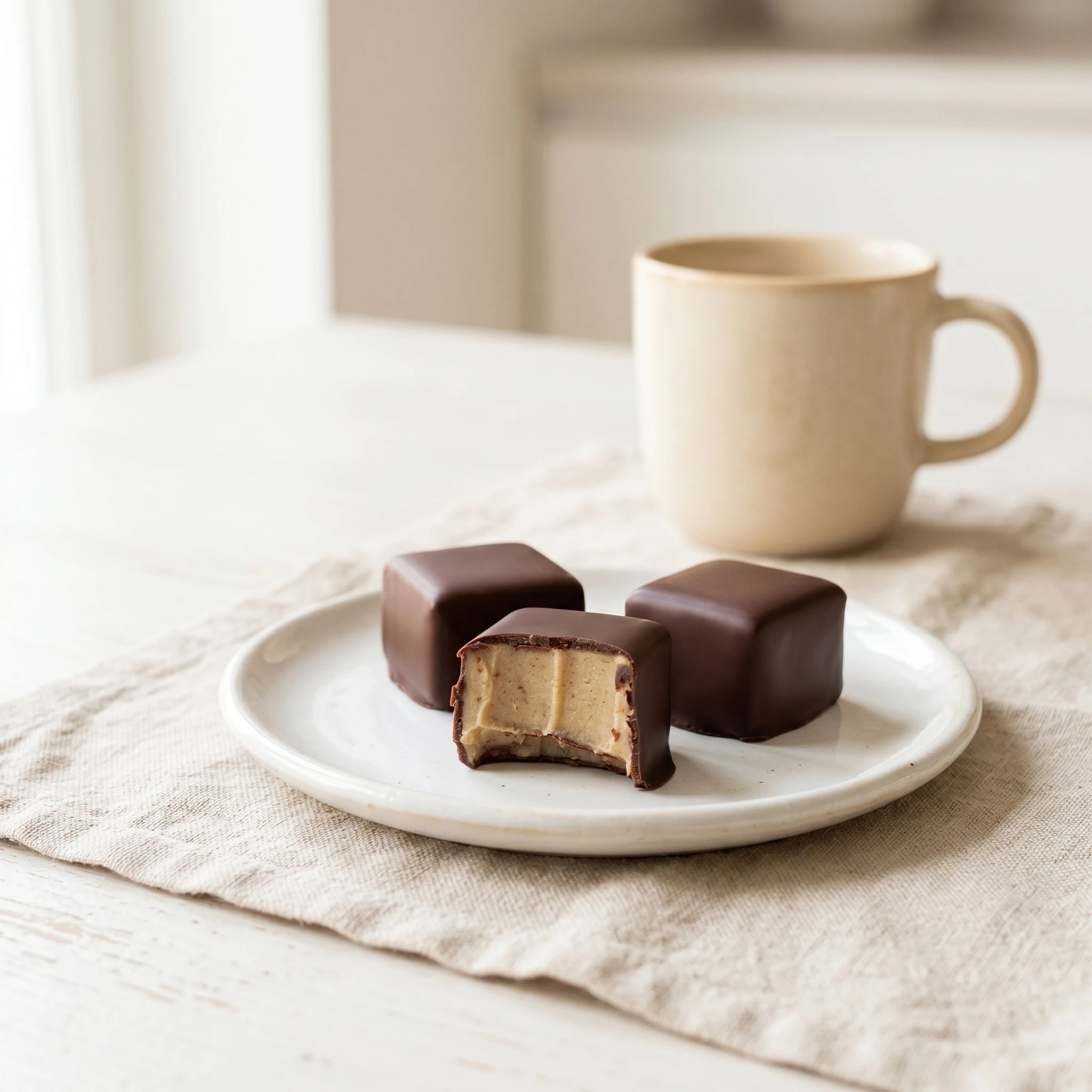 Belly Love Wie Marzipan – Pralinés auf weißem Teller, Genussmoment, industriezuckerfrei