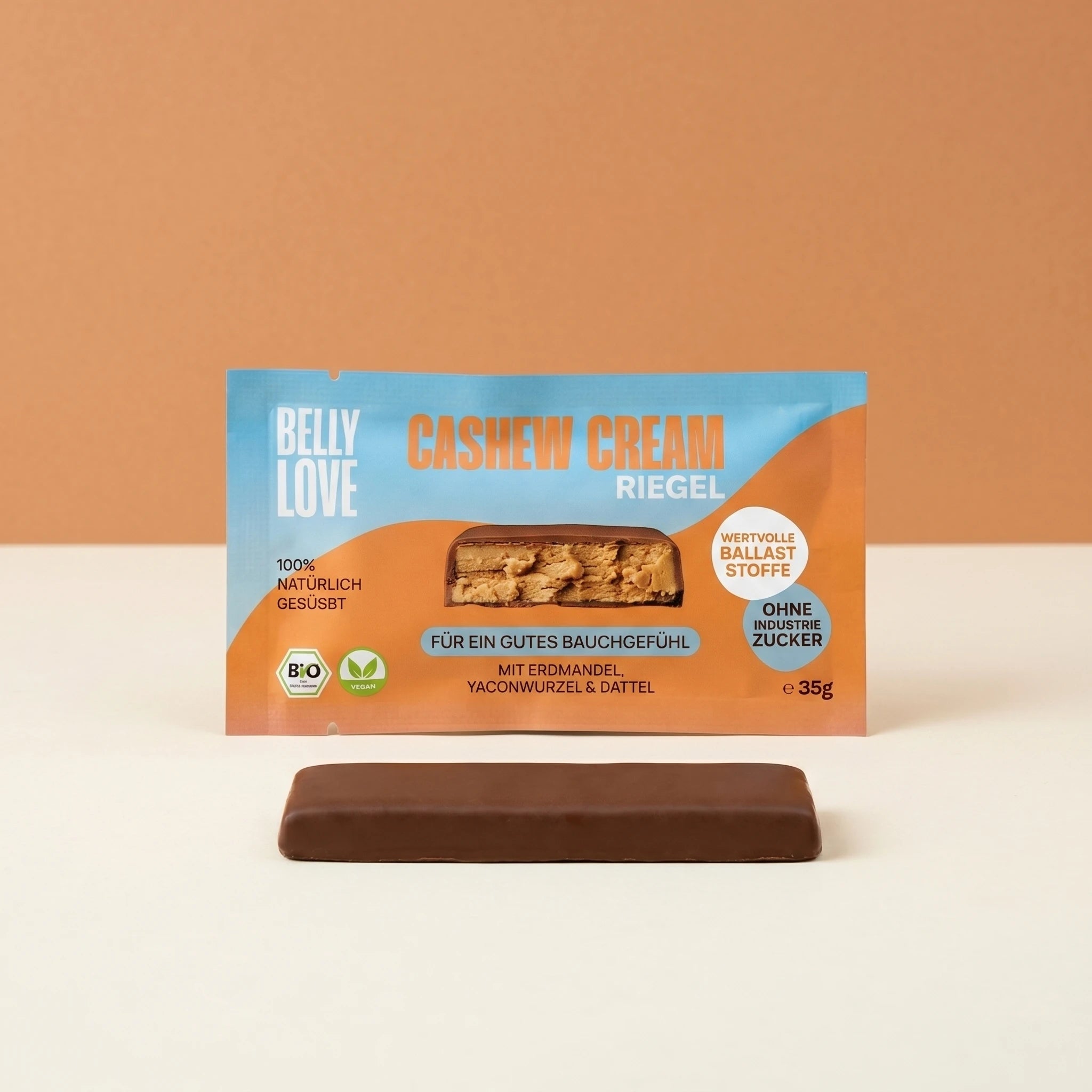Belly Love Cashew Cream Riegel – Verpackung und Schokoladenriegel, ohne Industriezucker