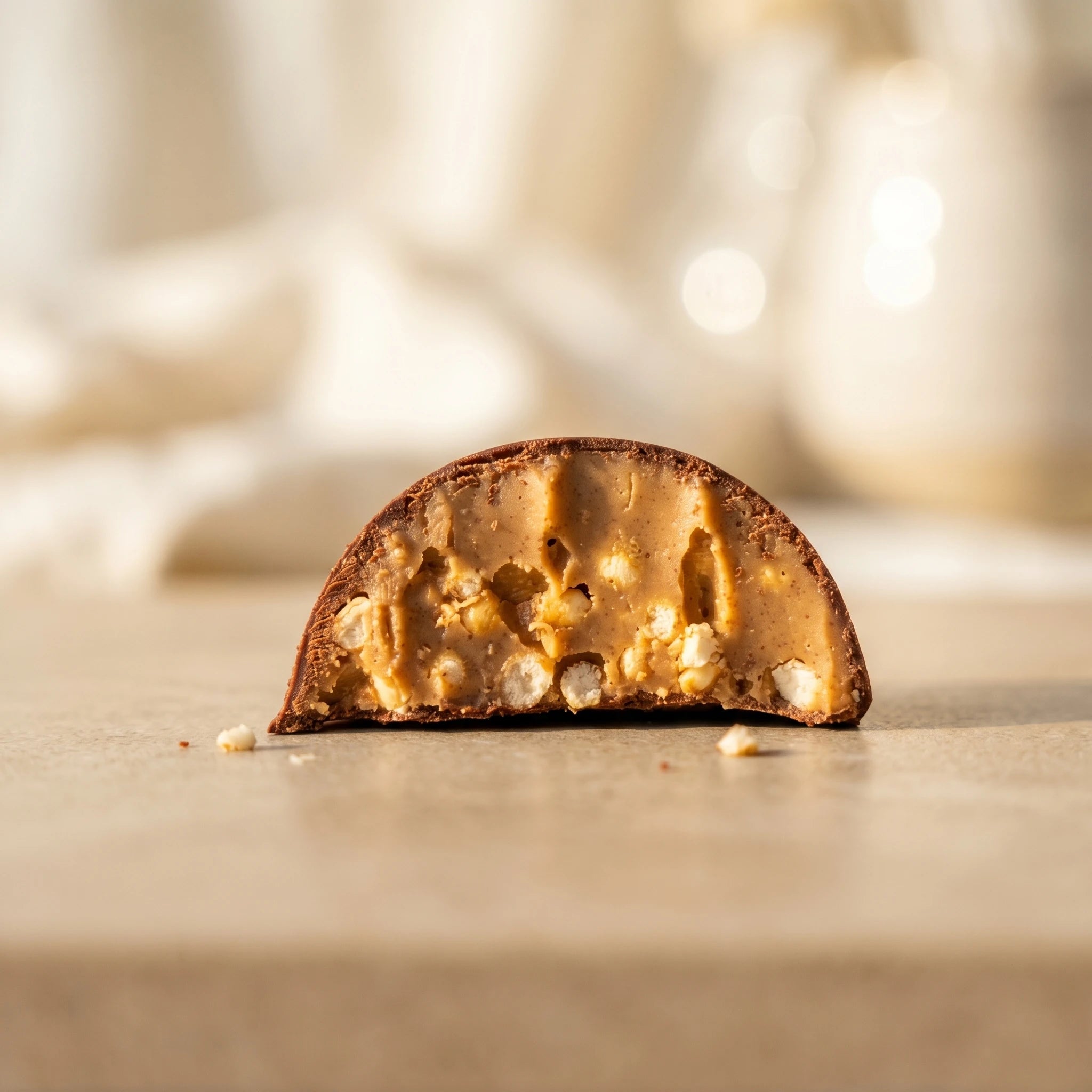 Belly Love Creamy Choc Bites – Close-up angeschnittener Praliné mit cremiger Cashew-Füllung