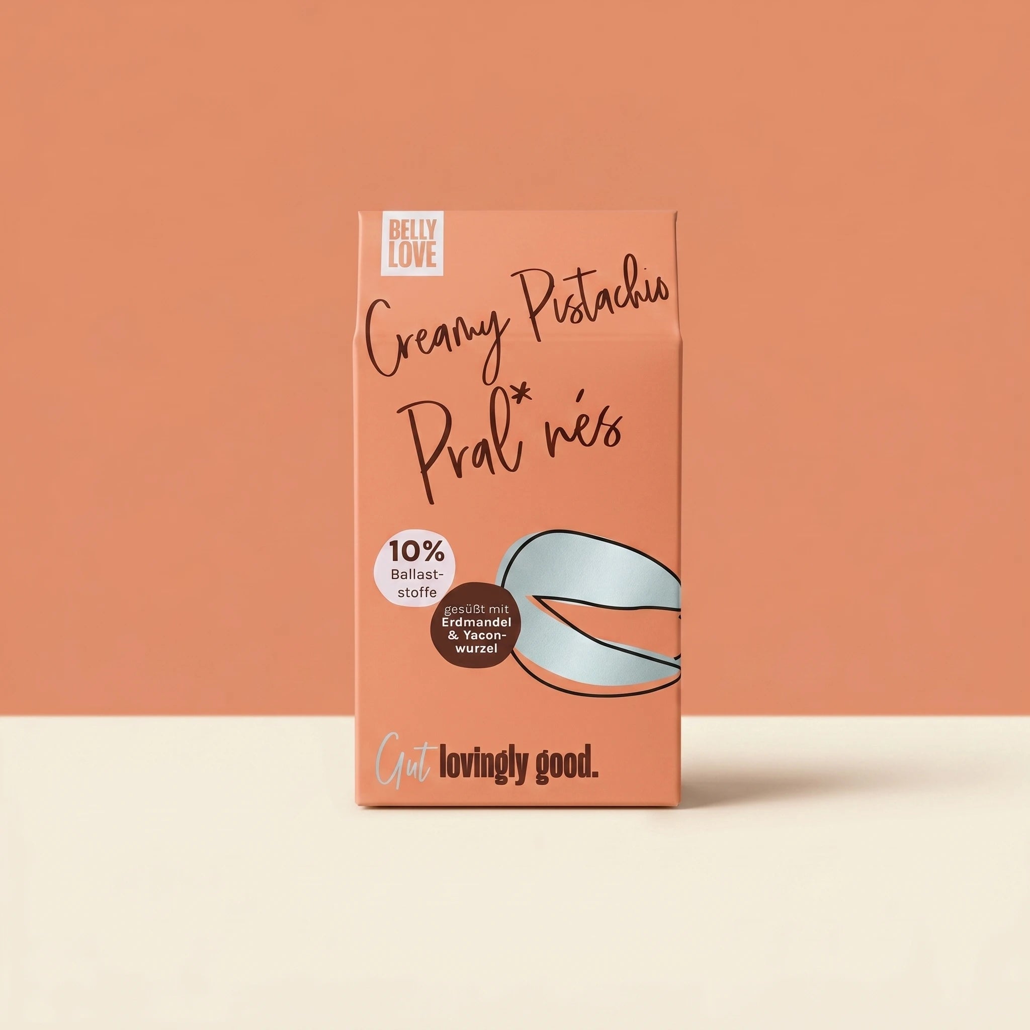 Belly Love Creamy Pistachio Pralinés – Verpackung, Schokoladen-Pralinés ohne Industriezucker