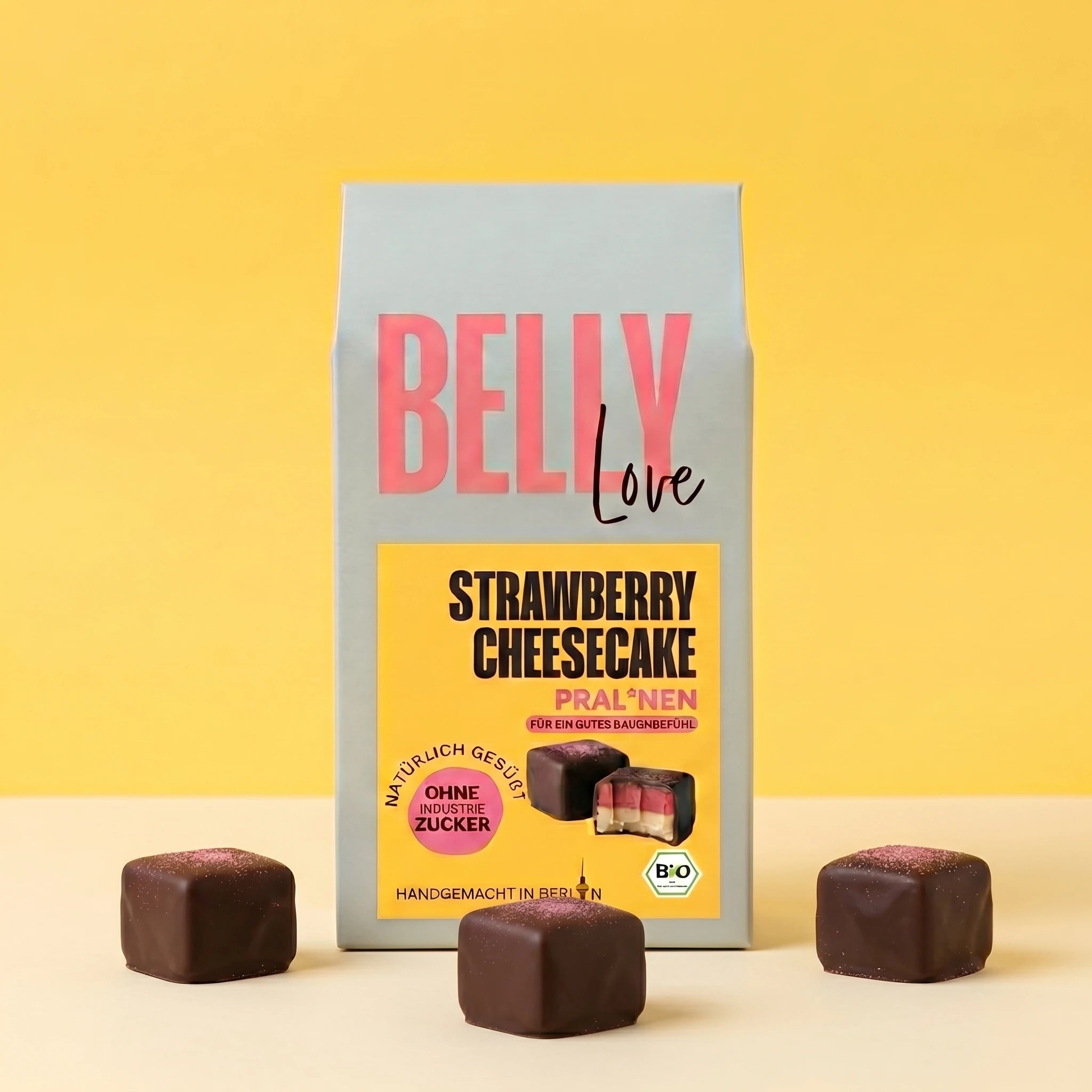 Belly Love Strawberry Cheesecake – Verpackung mit Pral*nen, ohne Industriezucker