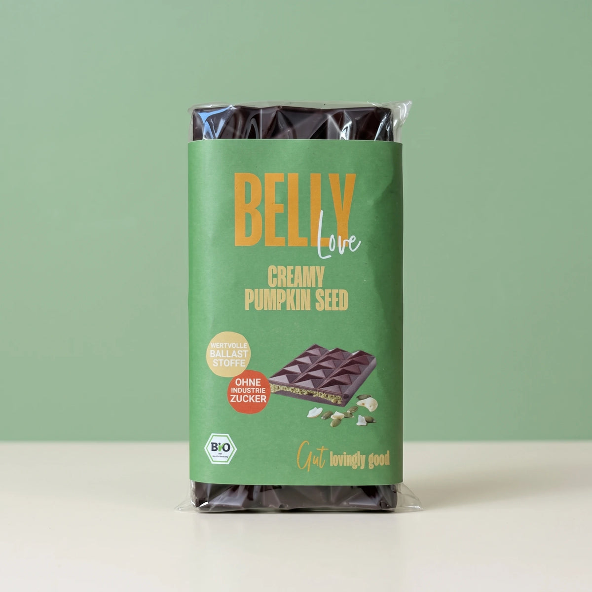 Belly Love Creamy Pumpkin Seed – Verpackung, Schokoladentafel ohne Industriezucker