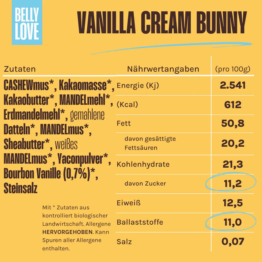 Nährwerte und Zutaten von BellyLove Osterhasen Vanilla Cream, dunkle Kakaozubereitung mit Teig-Creme aus Cashews, Mandeln und Vanille.