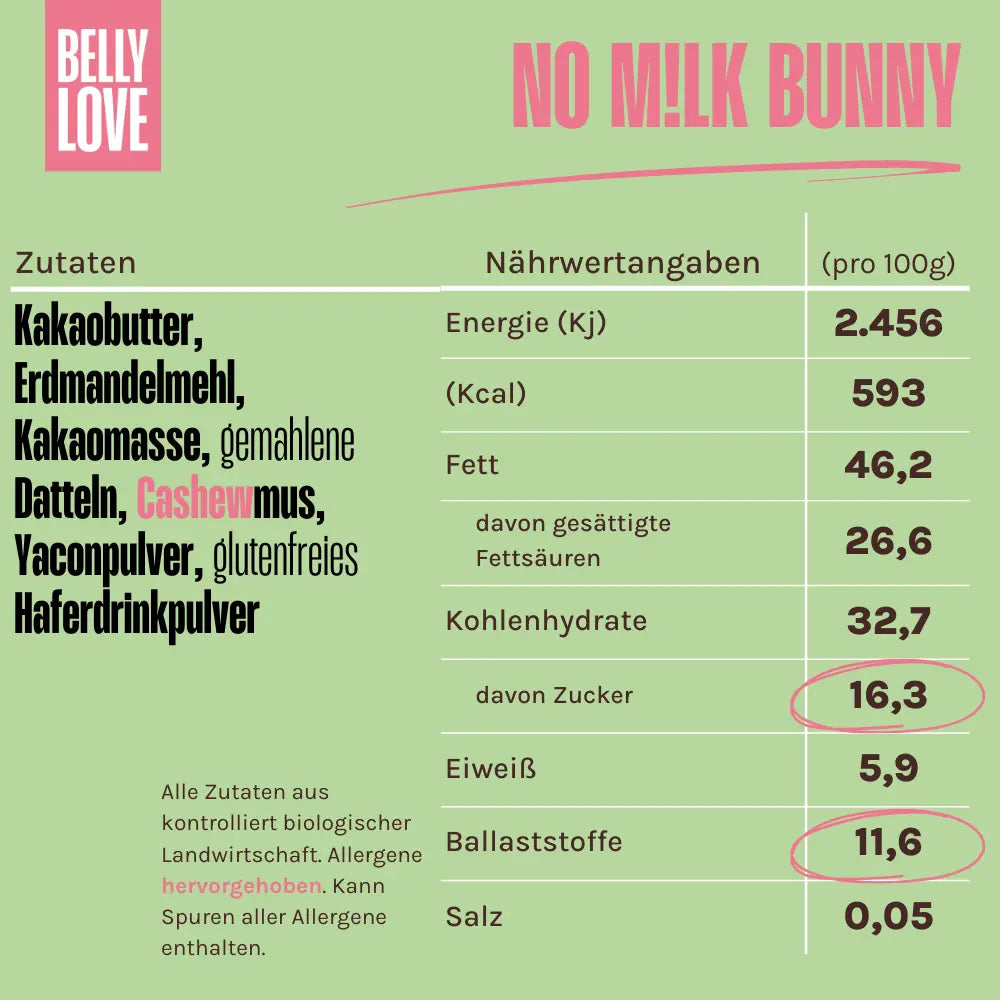 Nährwerte und Zutaten von BellyLove Osterhasen No M!lk, unserer cremigen, pflanzlichen Alternative zu Milchschokolade.
