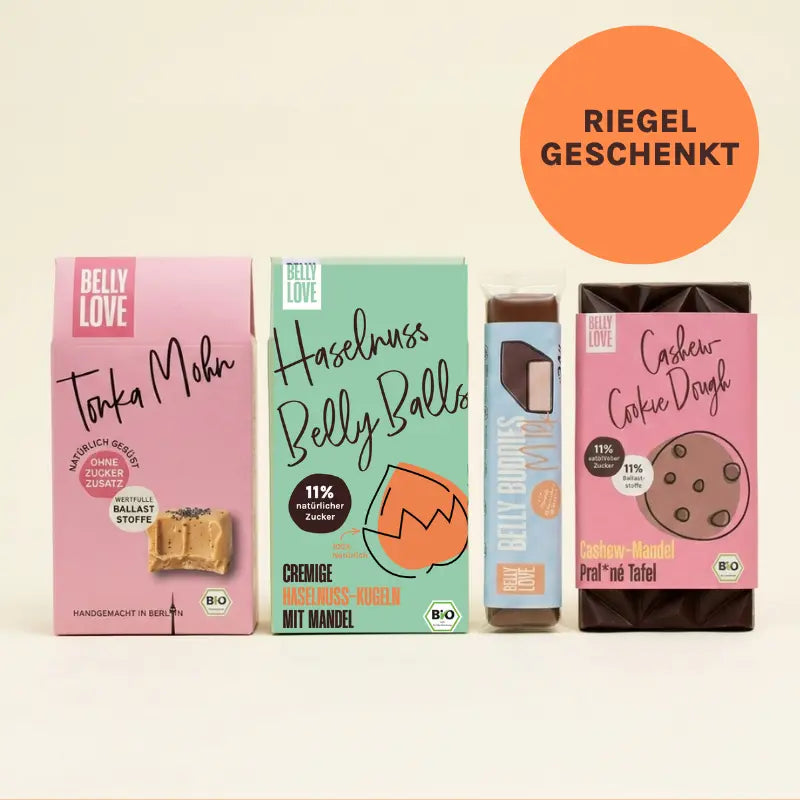 Produkte aus Probierbundle von Belly Love. Industriezuckerfreie schokoladige Alternativen mit vielen Ballaststoffen. Riegel geschenkt.