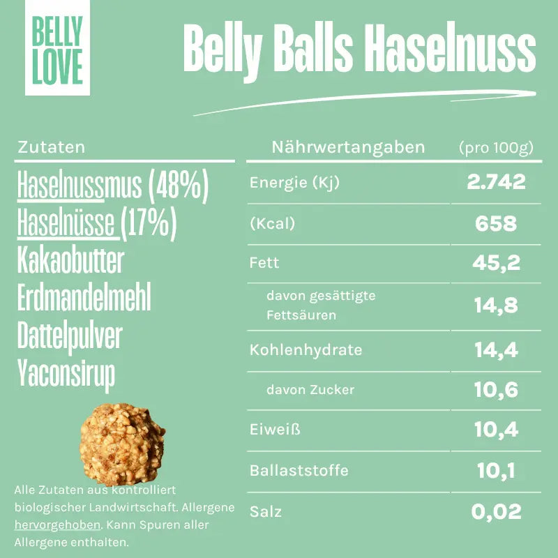 Belly Love Belly Balls Haselnuss Nährwerte und Zutaten, cremige Bliss Balls ohne Industriezucker, gesünderer Snack