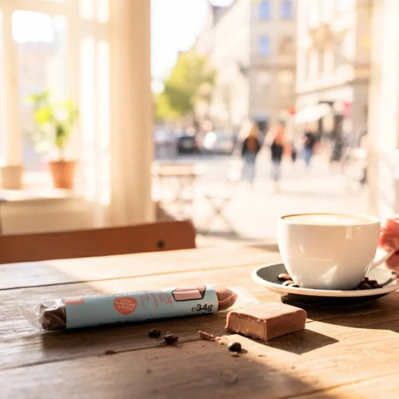 Belly Love Belly Buddies M!lk Riegel neben Kaffee – bio, clean label Snack mit cremiger Füllung und natürlicher Süße aus Datteln.