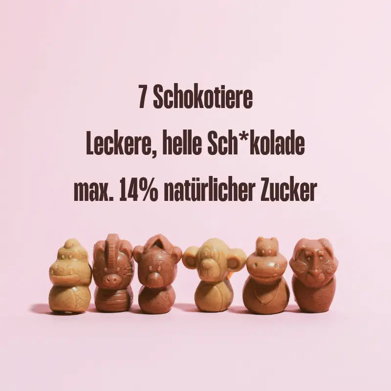 Sieben Belly Love Tierische Freunde Schokofiguren – helle, cremige Bio-Alternative zu Schokolade mit maximal 14 % natürlichem Zucker und hohem Ballaststoffgehalt. Perfekt zum Naschen für Kinder.