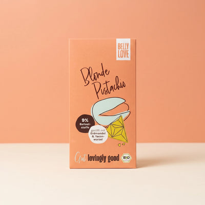 Belly Love Blonde Pistachio – Verpackung, Pistazien-Schokoladentafel ohne Industriezucker, bio