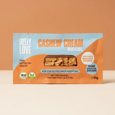 Belly Love Cashew Cream Riegel – Verpackung frontal, Bio, vegan, ohne Industriezucker