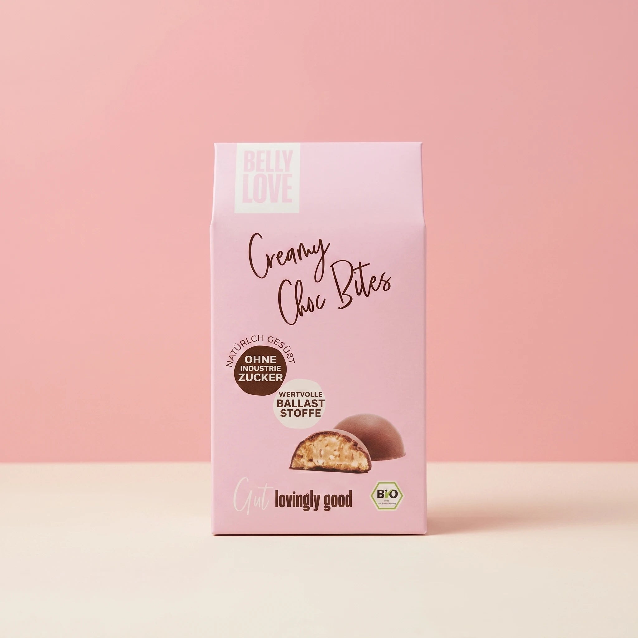 Belly Love Creamy Choc Bites – Packaging Hero, Schokoladen-Pralinés ohne Industriezucker, bio
