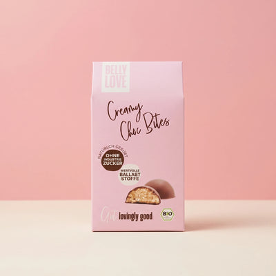 Belly Love Creamy Choc Bites – Packaging Hero, Schokoladen-Pralinés ohne Industriezucker, bio