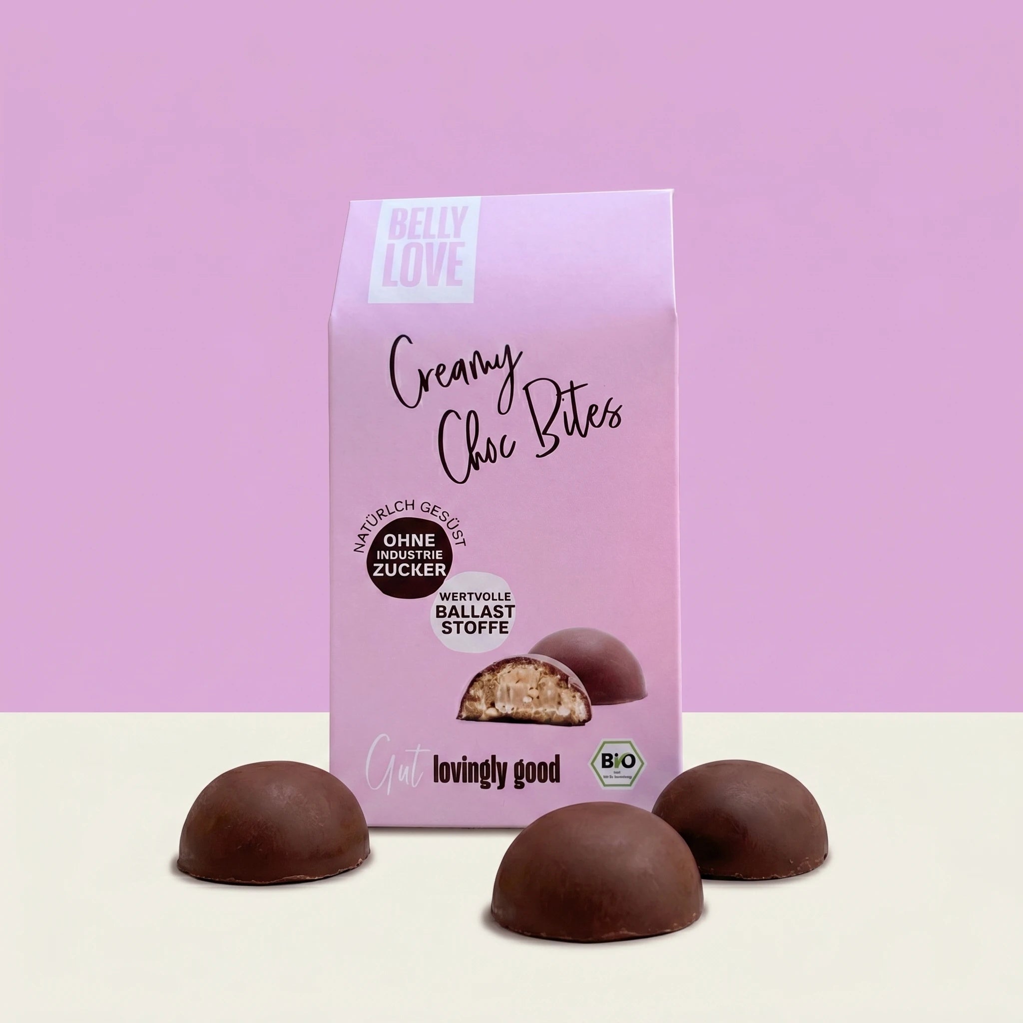 Belly Love Creamy Choc Bites – Verpackung mit dome-förmigen Pralinés, industriezuckerfrei, bio