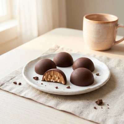 Belly Love Choc Bites – Pralinés auf weißem Teller, helle Keramik, ohne Industriezucker