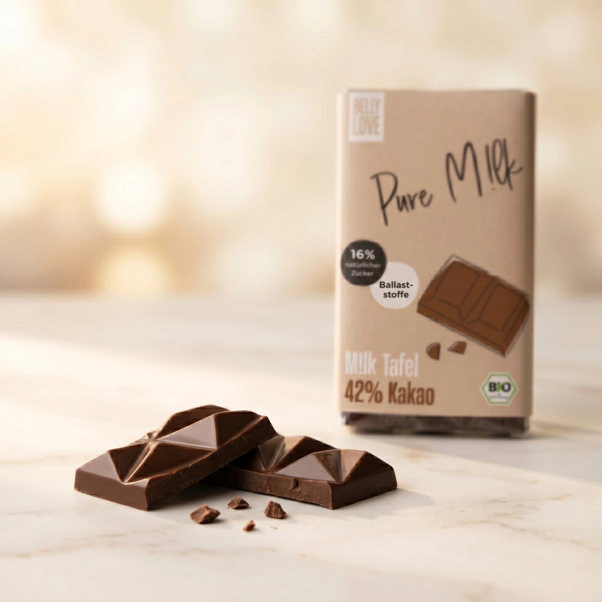 Belly Love Pure M!lk Tafel – Schokoladenstücke, sauberer Bruch, 42% Kakao ohne Industriezucker