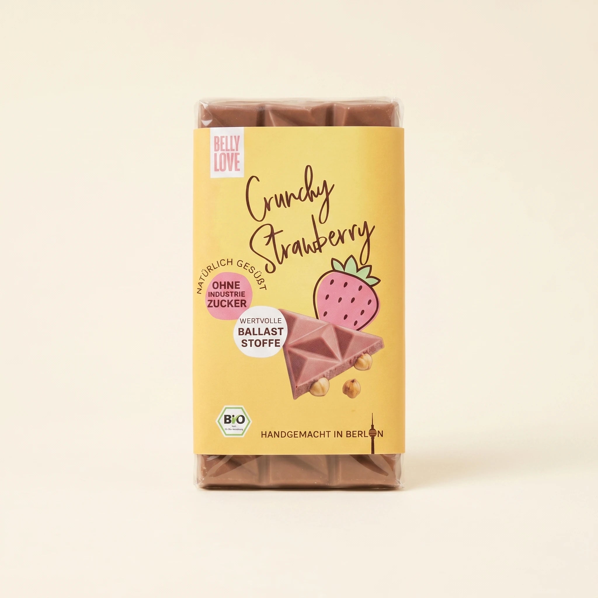Belly Love Crunchy Strawberry – Packaging Hero, Schokoladentafel ohne Industriezucker, bio