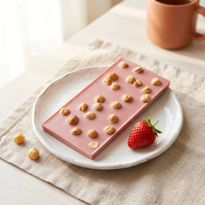 Belly Love Crunchy Strawberry – Cozy Zuhause, rosa Cashew-Tafel ohne Industriezucker auf Teller