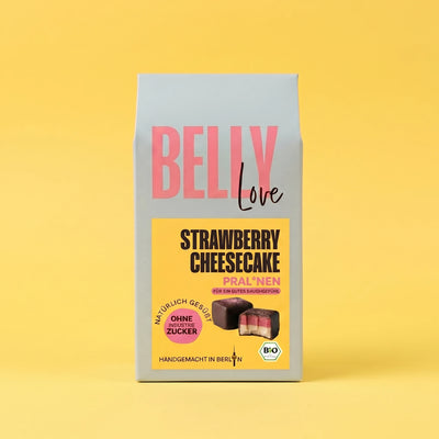 Belly Love Strawberry Cheesecake Pral*nen – Verpackung, industriezuckerfrei, bio