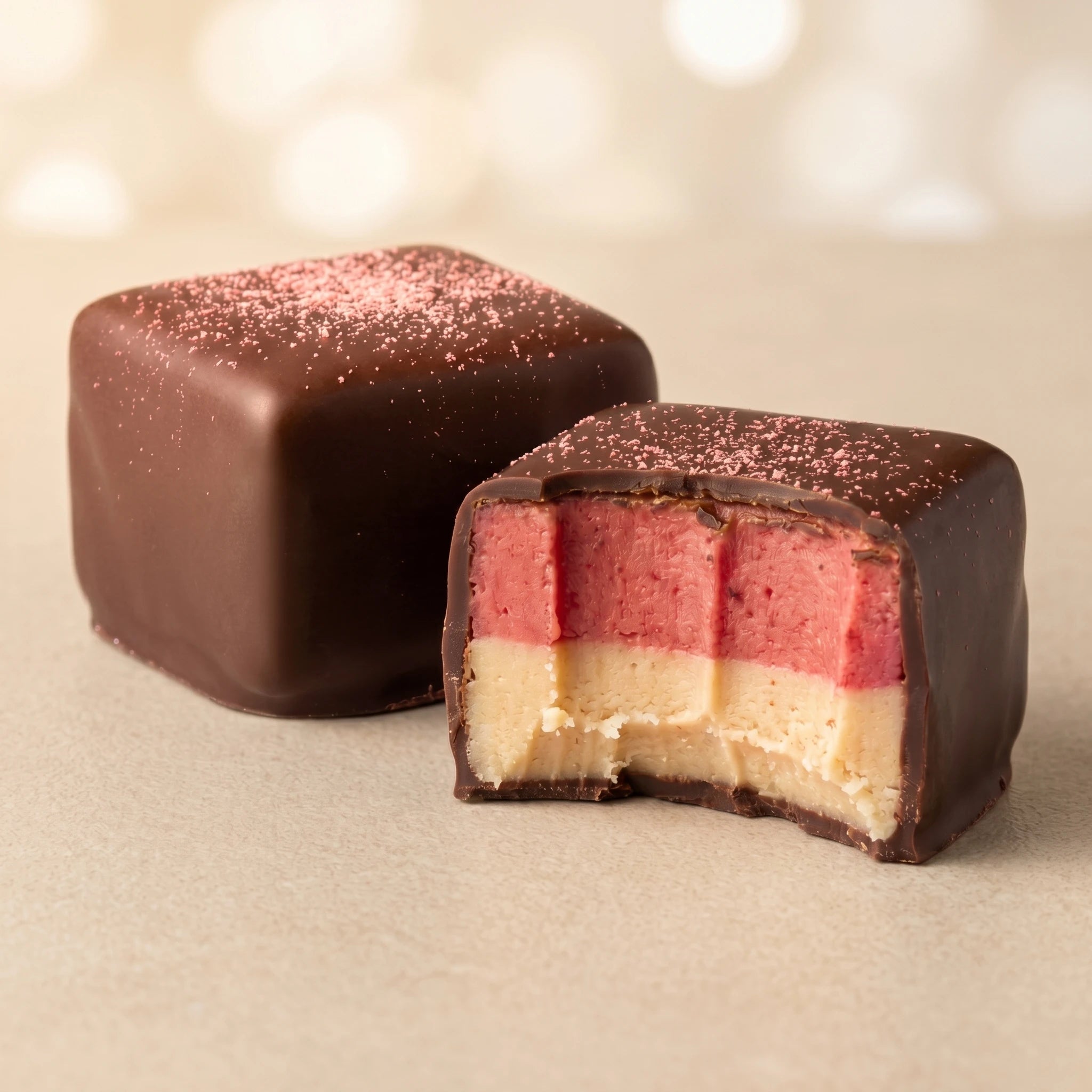 Belly Love Strawberry Cheesecake Pral*nen – Close-up, Erdbeer-Cashew-Füllung, bio