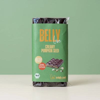 Belly Love Creamy Pumpkin Seed – Verpackung, Schokoladentafel ohne Industriezucker