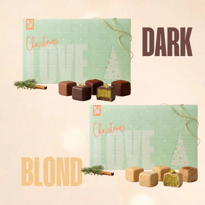 Bundle Adventskalender blond und dark mit Verpackungen und Inhalten. 24 verschiedene Schokoladen mit Nussmus, industriezuckerfrei, bio und vegan.