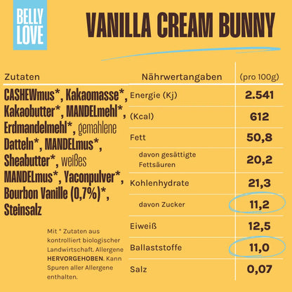Nährwerte und Zutaten von BellyLove Osterhasen Vanilla Cream, dunkle Kakaozubereitung mit Teig-Creme aus Cashews, Mandeln und Vanille.