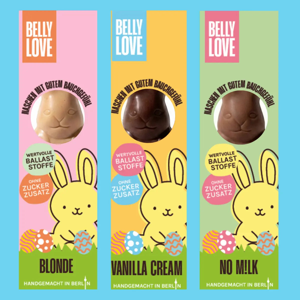 BellyLove Osterhasen in drei Sorten Blonde, No M!lk und Vanilla Cream. Industriezuckerfrei, ballaststoffreich und nur natürlich gesüßt mit Erdmandelnm, Yacon und Datteln.