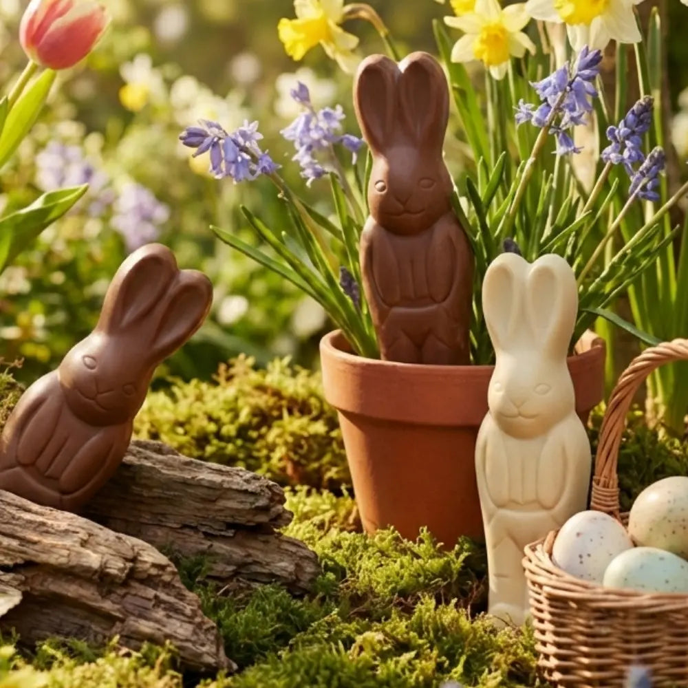 Belly Love Osterhasen ohne Industriezucker in Garten neben Osterkörbchen.