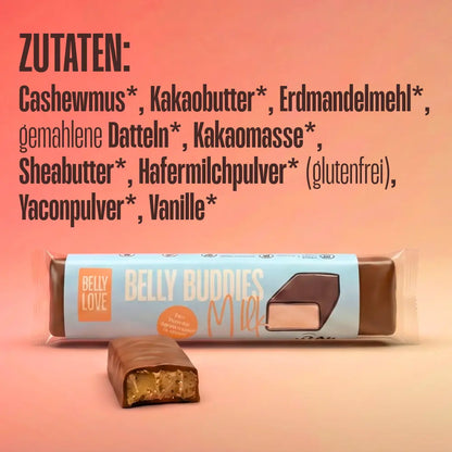 Zutaten des Belly Love Riegels mit veganer Milchcremefüllung in unserer Version einer Milchschokolade. Bio, vegan, industriezuckerfrei