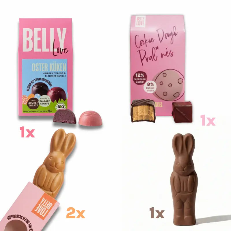 Belly Love Bundle mit Osterhasen aus industriezuckerfreier und ballaststoffreicher Alternative zu Schokolade