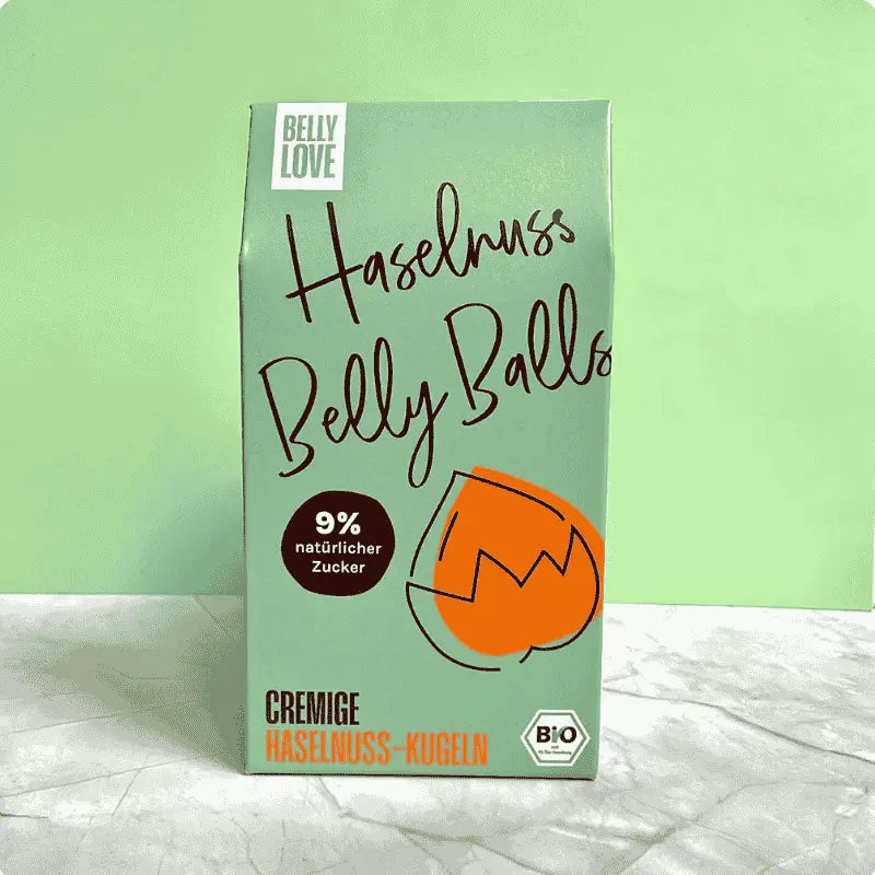 Verpackung von Belly Balls Haselnuss -bliss balls ohne industriezucker mit vielen Ballaststoffen