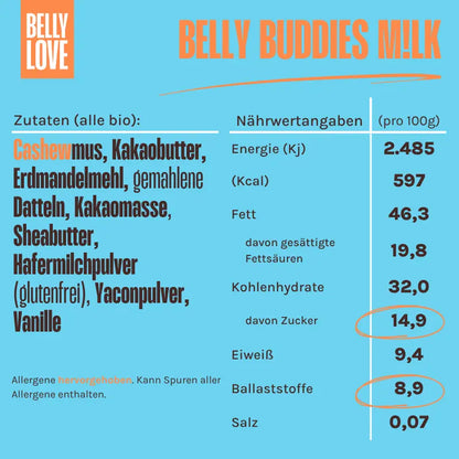 Zutaten der Belly Love Belly Buddies M!lk Schokoriegel – bio, clean label, zuckerreduziert, ballaststoffreich und natürlich süß.