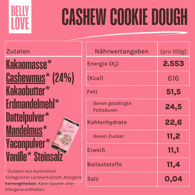 Zutaten der Belly Love Cashew Cookie Dough Tafel – bio, industriezuckerfrei, mit Cashewmus, Erdmandel-Alternative zu Schokolade.