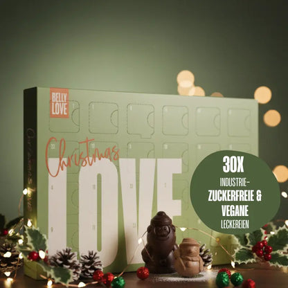 Belly Love Christmas Adventskalender – 30 vegane, industriezuckerfreie Bio-Pralinen, natürliche Zutaten, handgemacht in Berlin.