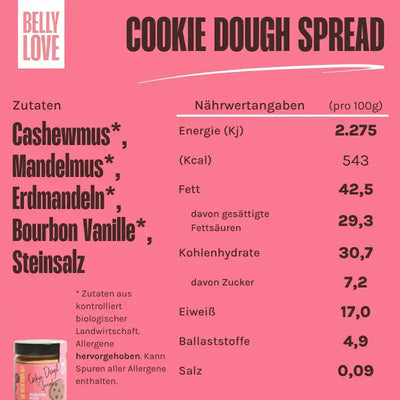 Zutaten und Nährwerte des Belly Love Cookie Dough Spread – bio, cremig, mit Erdmandeln gesüßt und ohne Palmöl.