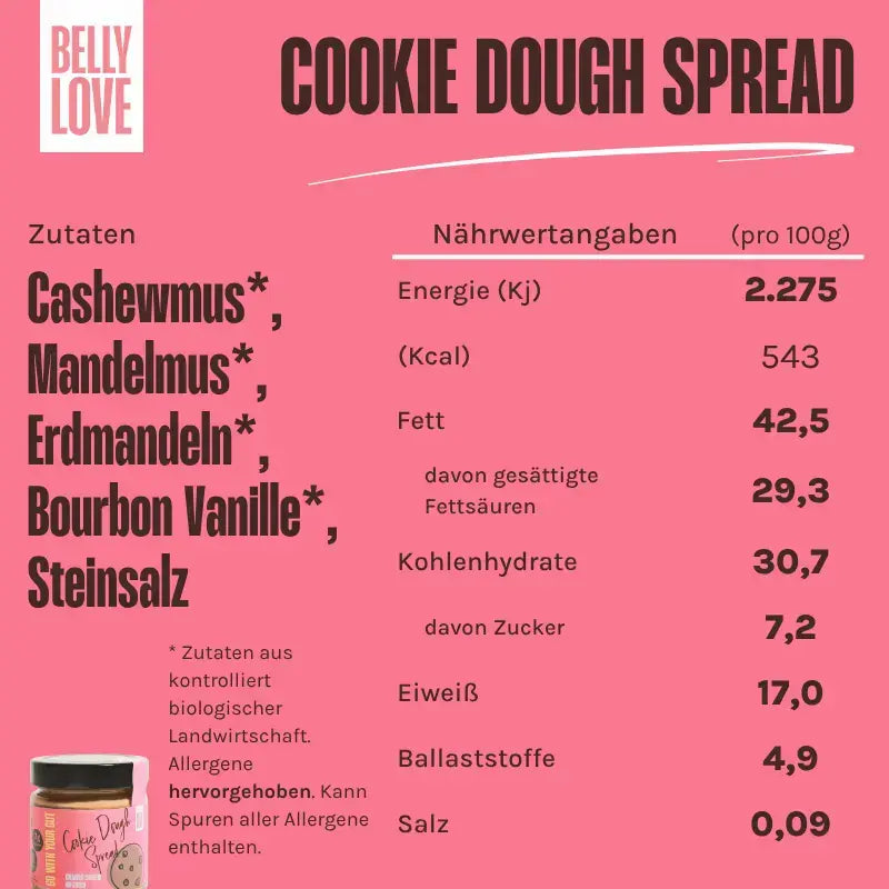 Zutaten und Nährwerte des Belly Love Cookie Dough Spread – bio, cremig, mit Erdmandeln gesüßt und ohne Palmöl.