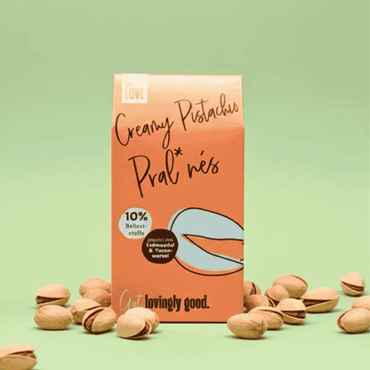 Belly Love Creamy Pistachio Praline – industriezuckerfreie, clean label Bio-Pralinen mit Ballaststoffen, mit Pistazienmus, nur natürlich gesüßt. Erdmandeln und Yacon.