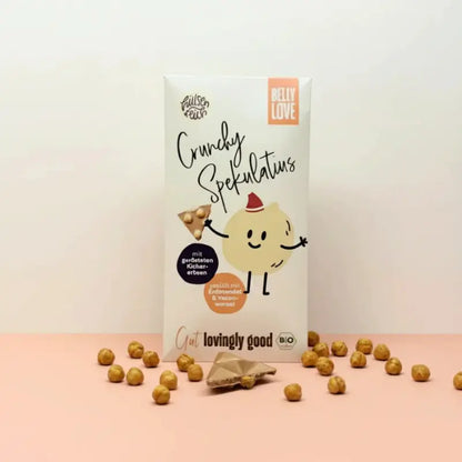 Belly Love Crunchy Spekulatius Tafel – Bio-Schokolade mit gerösteten Kichererbsen, industriezuckerfrei und clean label.