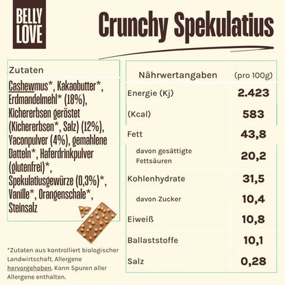 Zutaten und Nährwerte des Belly Love Crunchy Spekulatius – bio, ballaststoffreich, clean label und industriezuckerfrei.