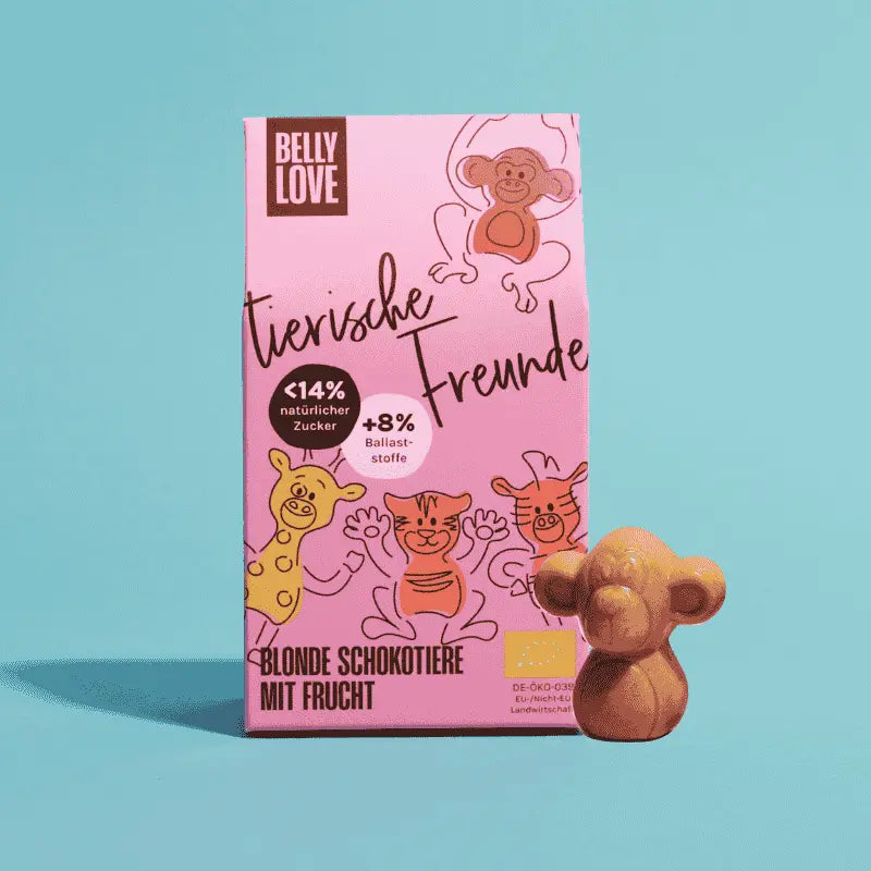 Belly Love Tierische Freunde – Bio-Schokotiere in drei Sorten: blonde Schokolade(wie weiße), Erdbeere und (vegane) Milchschokolade. MIt weniger als 14 % natürlicher Zucker und 8 % Ballaststoffen. Clean label Schokolade für kleine und große Genießer, liebevoll hergestellt in Berlin. Nur natürliche Zutaten ohne Gluten.