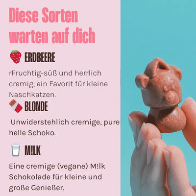 Sorten der Belly Love Tierische Freunde – Blond (wie weiße Schokolade), (vegane) M!lk und Erdbeere. Cremige, natürliche Schokotiere, industriezuckerfrei, ideal für Kinder und bewusstes Naschen.